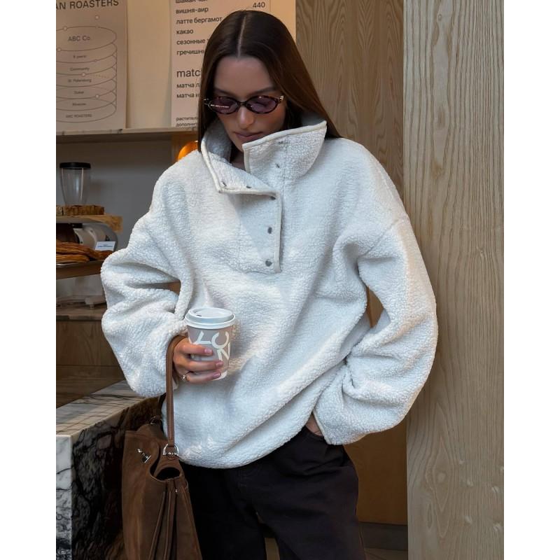 Womens Oversized High-Neck Fleece Pullover Sweater With Half Button Detail Loose Fit Long Sleeve Top Winter