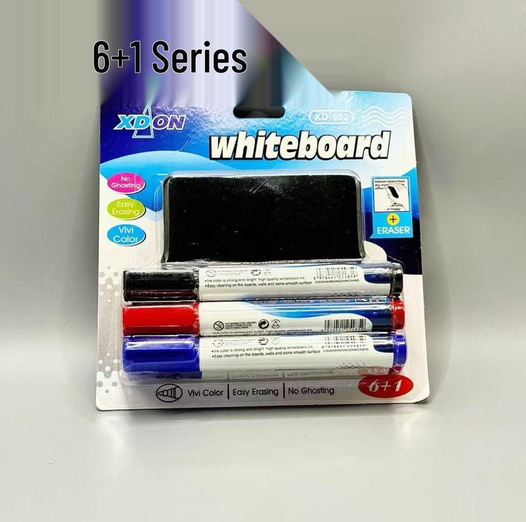 Four-Color Whiteboard Marker Set with Built-In Erasers for Meetings and Teaching.