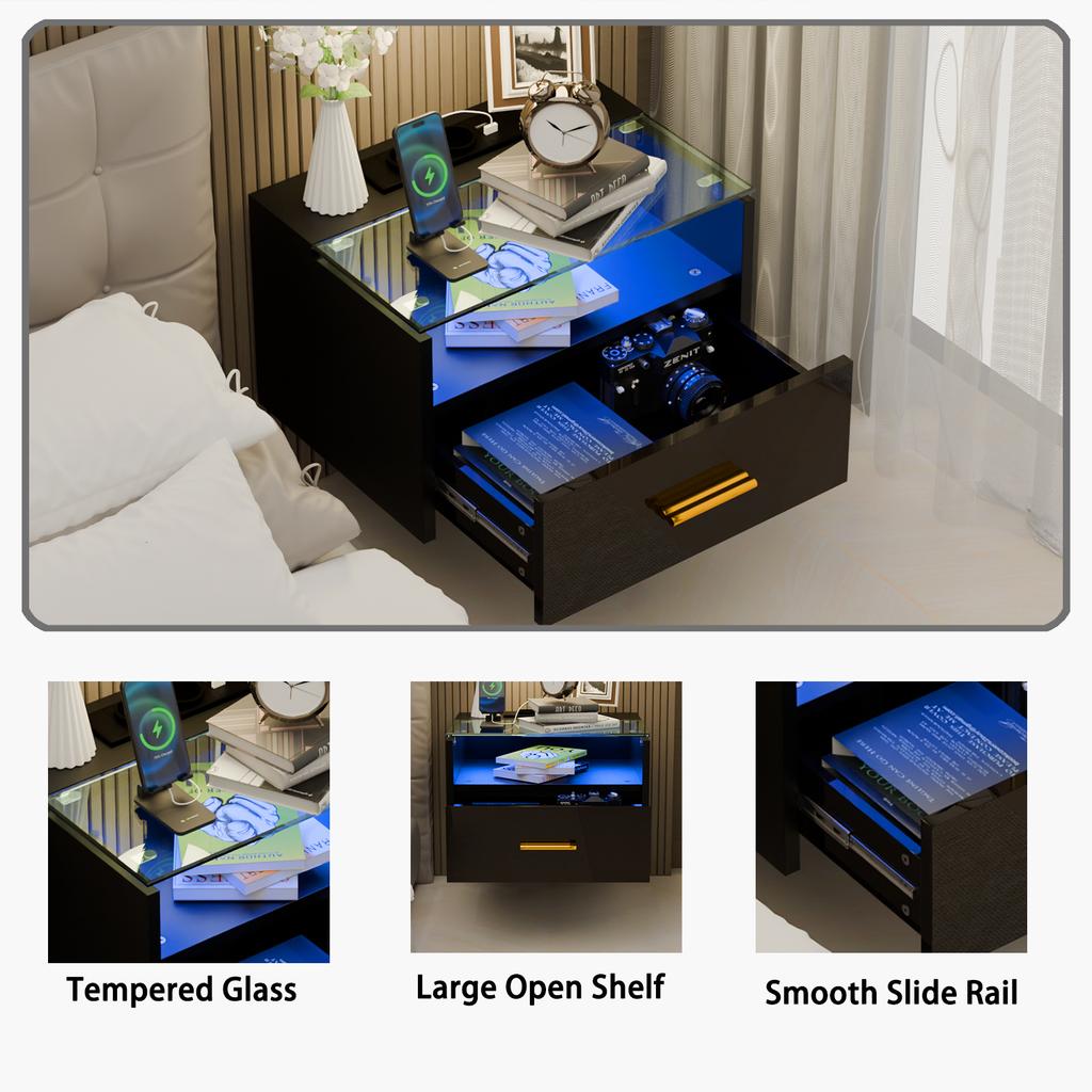 Wall-mounted Bedside Table with Lights 3-Tier 2AC/2USB with Drawer Wood Bedside Multifunctional Cabinet Tempered Glass Top Shelf