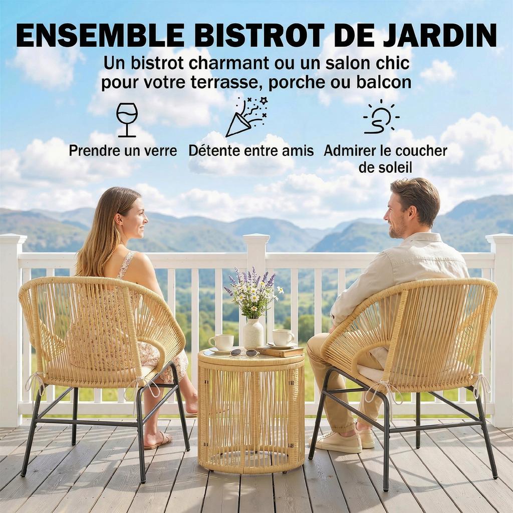 Bistro Balcony Lounge Set, 3-Piece, 2 Armchairs, Tempered Glass Table, Removable Cushions, Beige