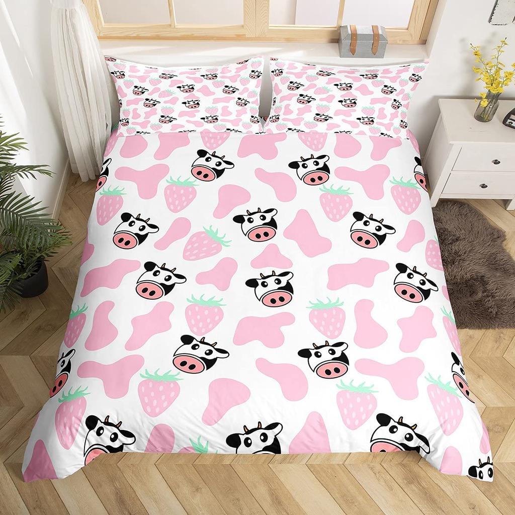 Carton Milk Cow Soft Duvet Cover Ful King Lovely Farm Animal Beding Set Strawbery Flowers Print Warm Comforter Cover Farmhouse Decor