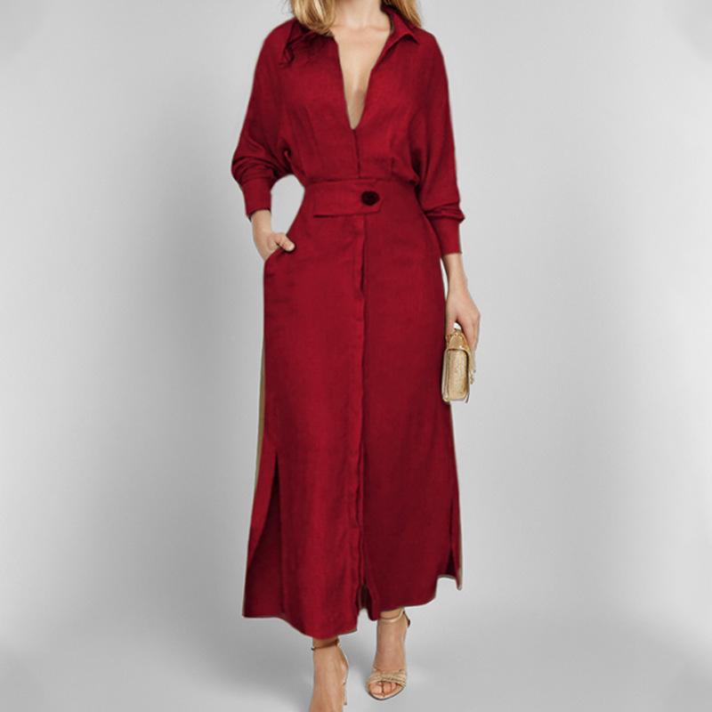 Spring Autumn Polo-neck Elegant Fashion Waist Dress Women Long Sleeve Solid Color Casual Robe Vestidos