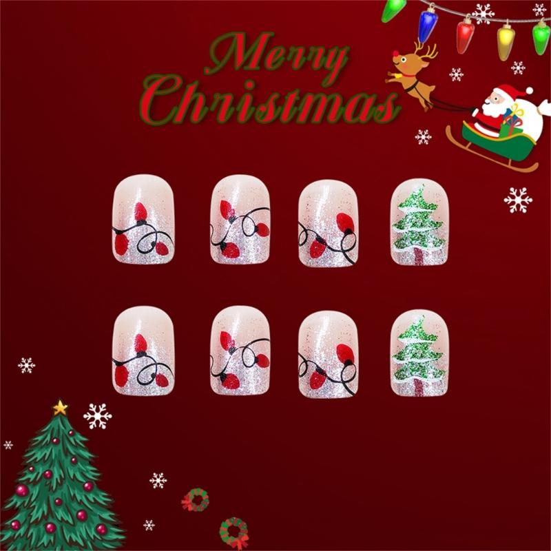 24 Pcs Christmas Press On Nails Short Square Full Cover False Nails Christmas Tree Artificial Nails Manicures Supplies
