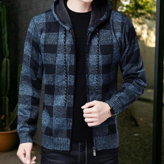 Men Fall Winter Jacket Color Matching Plaid Print Knitted Hooded Zipper Closure Cardigan