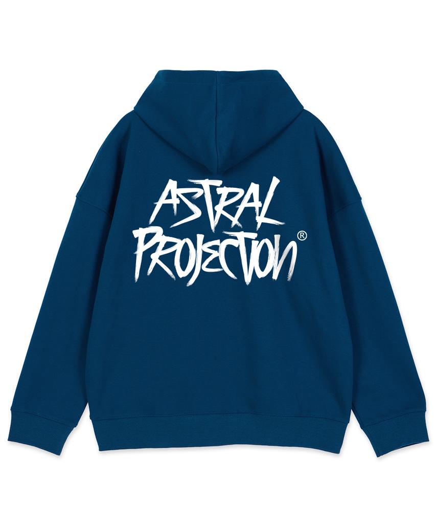 Astral Projection Graffiti Lettering Oversized Wide Shoulder Zip-Up Hoodie_Teal Blue