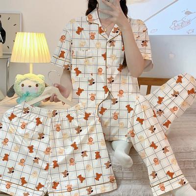Women's Spring and Summer Short-Sleeved Three-Piece Suit Sleep Homewear Suit Girls Students Cartoon Pajamas Homewear
