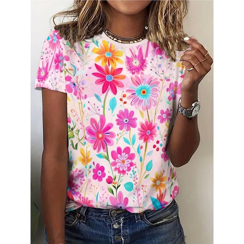 

Women s Casual Short Sleeved T-shirt with Vibrant Floral Butterfly Print Round Neck Top for Spring and Summer Fashion 5XL