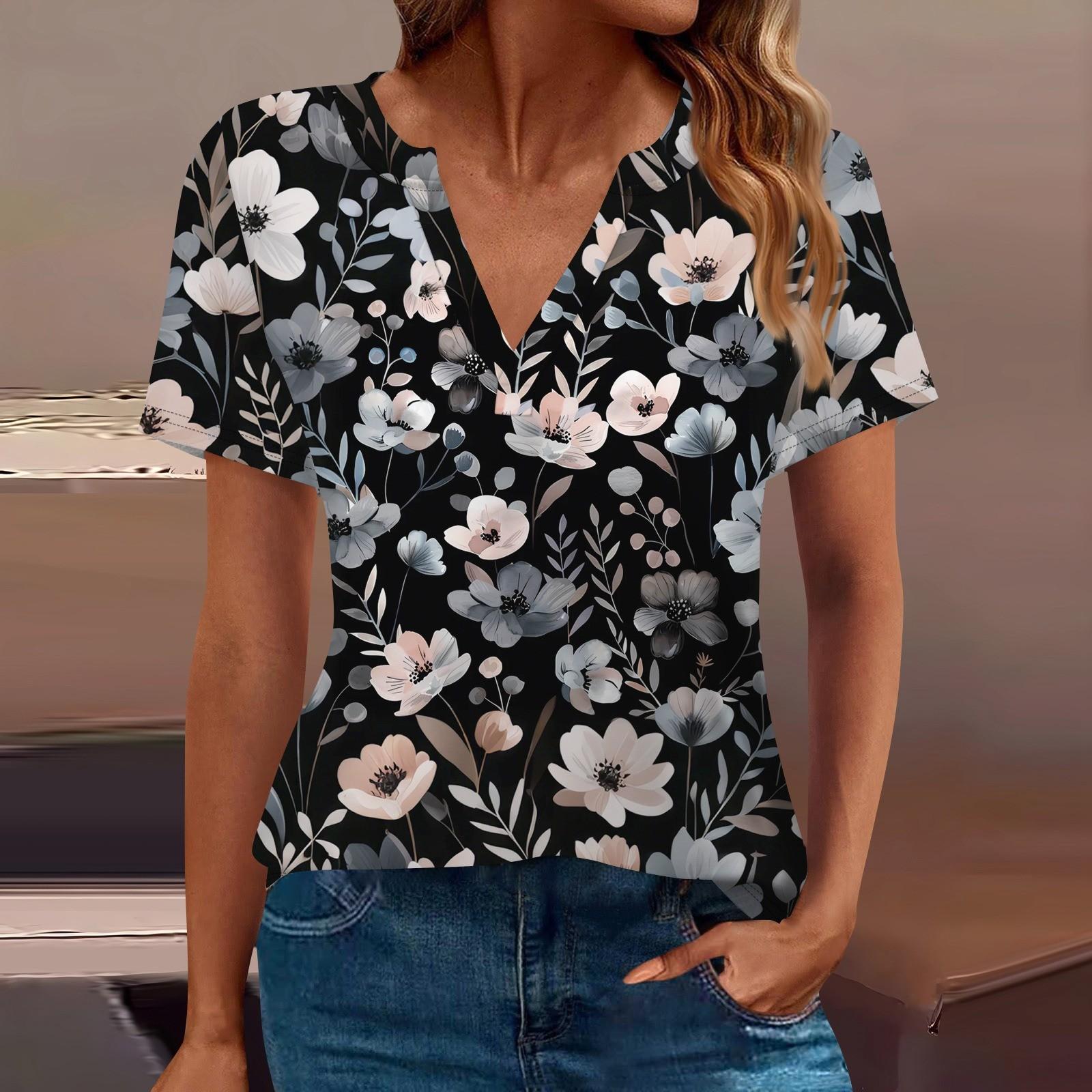 

Женская футболка Футболка с принтом с коротким рукавом Повседневные выходные Мода Базовый топ с V-образным вырезом Обычный топ L чёрный