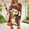 Women Plus Size Round Neck Long Sleeve Halloween Sloth Printed White A Line Dress