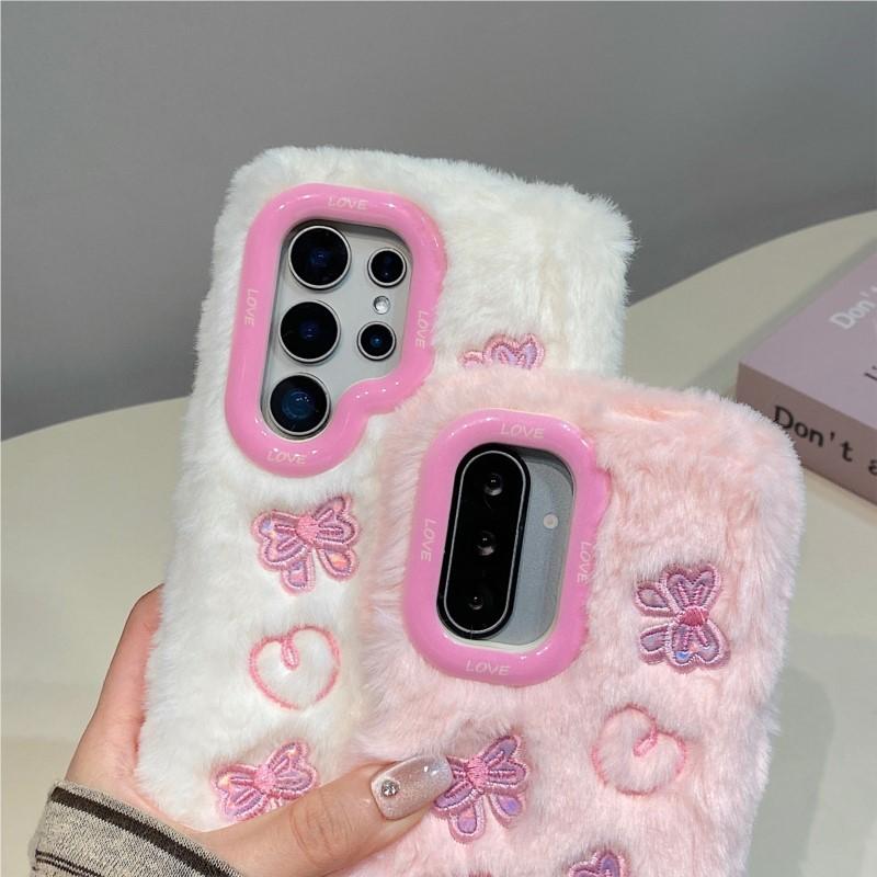 3D Plush Bow Love Fashion Phone Case For Galaxy S25 24 23 22 21 20 10 Ultra Plus S9 A23 06 26 35 36 A53 A54 A55 A56 Note 10 9 8 Case Girl Cute Winter