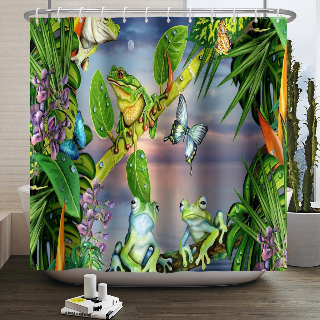 Funny Frog Shower Curtain for Bathroom Mushroom Butterfly Floral Green Plant Cartoon Animal Waterproof Polyester Shower Curtain