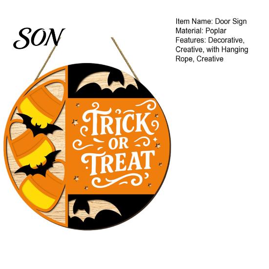 Retro Wall Plaque Halloween Trick or Treat Wooden Door Sign, Round Bat Silhouette Sign Hanging for Home Front & Party Decoration Personalized