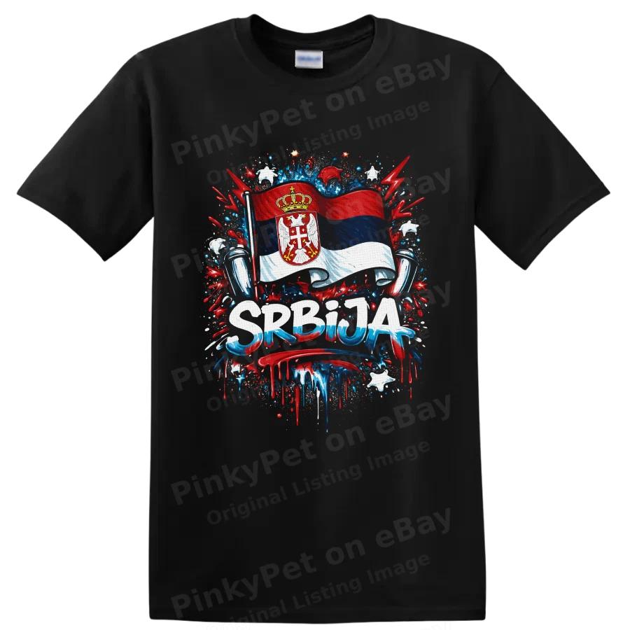 Srbsko Vlajka Tričko s Korunovaným Orlem Patriotická Červená Modrá Bílá Grafické Umělecké Dílo Tričko