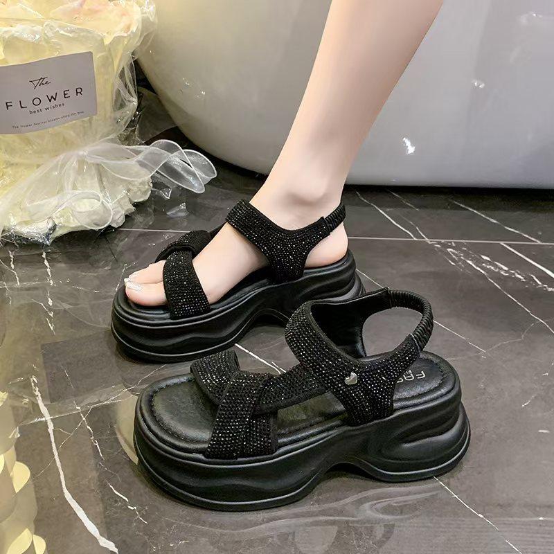 Black Rhinestone Sandals Women's New Summer Wear Heightening Muffin Thick Sole Super Fire Beautiful Roman Summer Women's Shoes