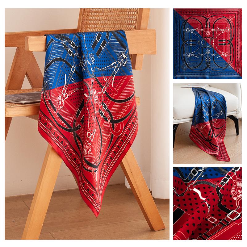 

Элегантный осенний красно-синий лоскутный шарф из тутового шелка - Универсальный женский модный аксессуар 53x53 cm