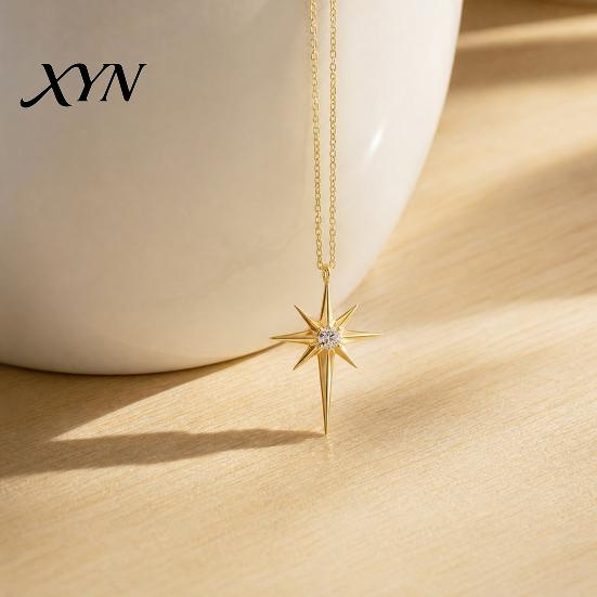 Elegant Star Charm Mini Eight-Pointed Necklace for Women, Rhinestone Pendant Necklace, Chain Statement Jewelry Gift Her Zircon