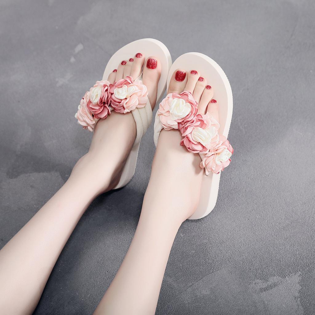 6 Cm High Heel Women's Summer Cloth Tape Slope with Herringbone Ladies Sandals Muffin Slippers Slippers Camellia Flowers Shoes