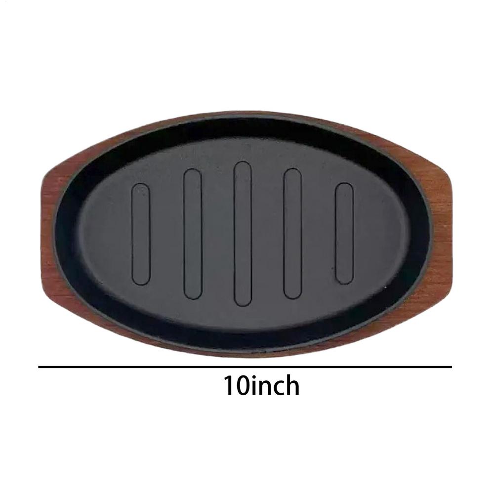 Cast Iron Oval Shape Restaurant Barbecue Plate Steak Sizzling Hot Pan Plate with Wooden Base Teppanyaki Grilled Fish Tray