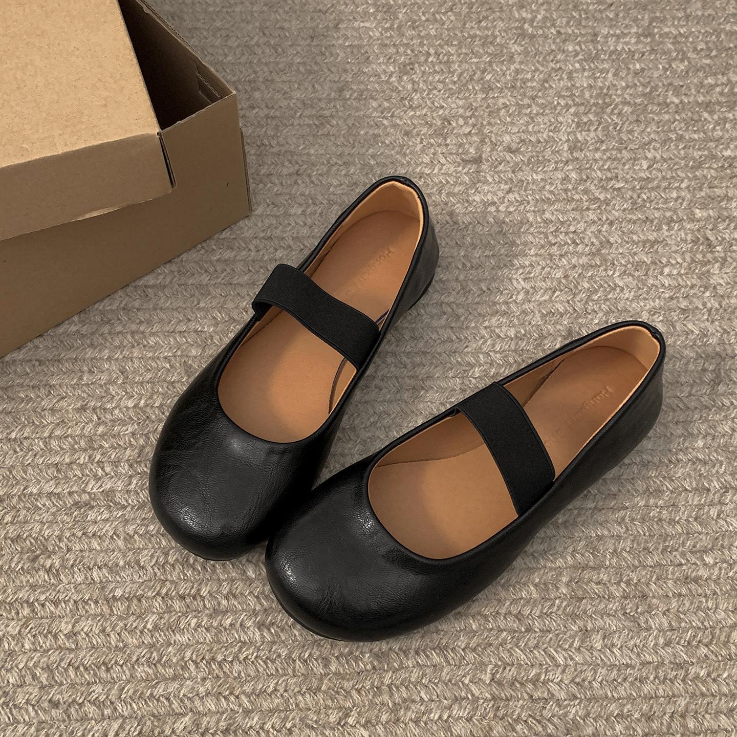 

Fashion Black Single Shoes Retro Soft Bottom Round Toe Slip on Women s Flats Casual Solid Belt Shallow Mouth Ballet Mary Jane Loafers 35 чёрный