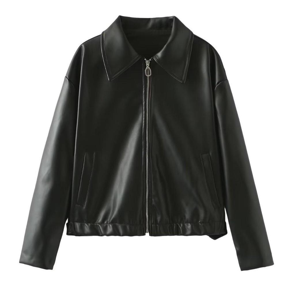 Autumn Women American Style Vintage Solid Bordeaux Red Short Jacket Women's Zipper Long Sleeve Chic Leather Jacket