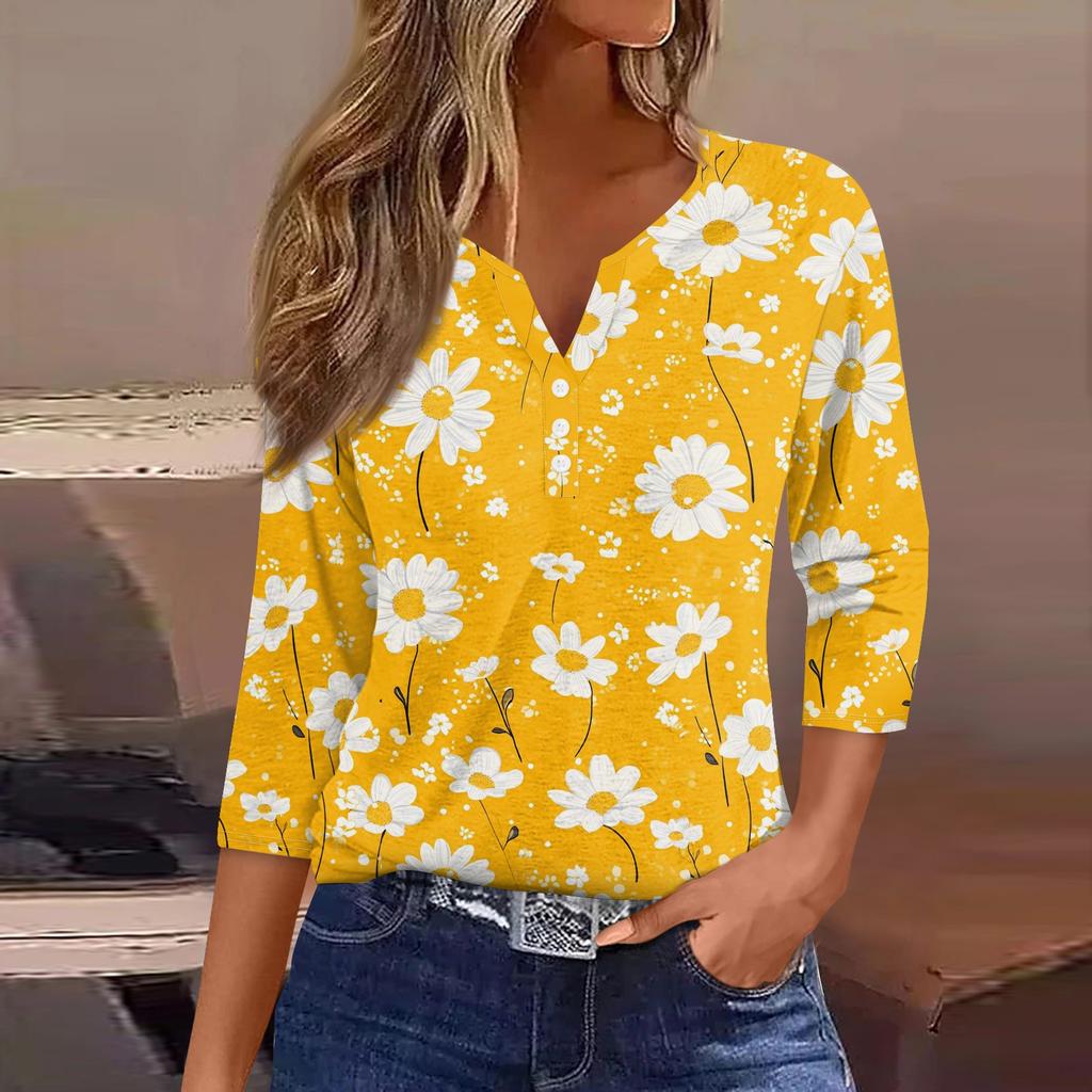 Women's T Shirt Tee Print Button  3/4 SleeveDaily Weekend Fashion Basic V- Neck Regular Top
