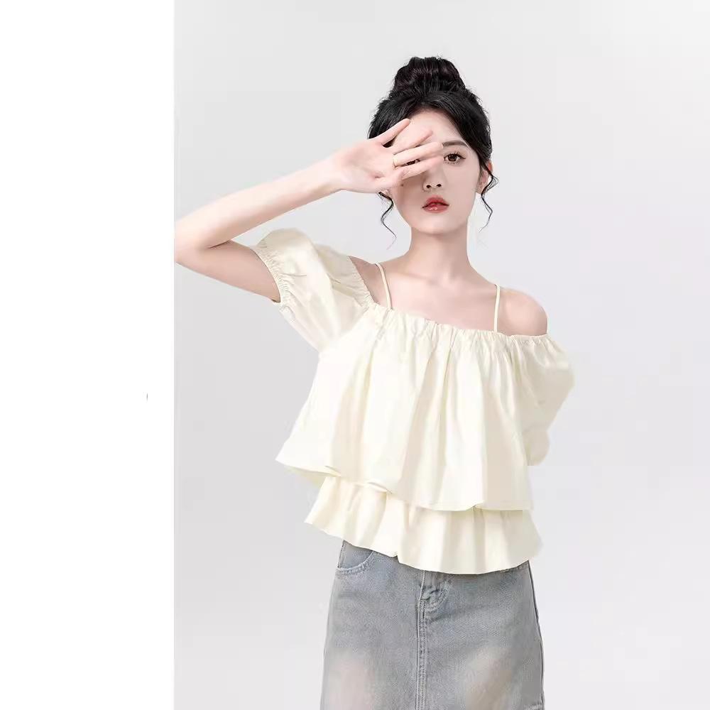 Apricot One-word Shoulder Suspender Doll Shirt Women's Summer New Chic Square Neck Short-sleeved Shirt Short Top