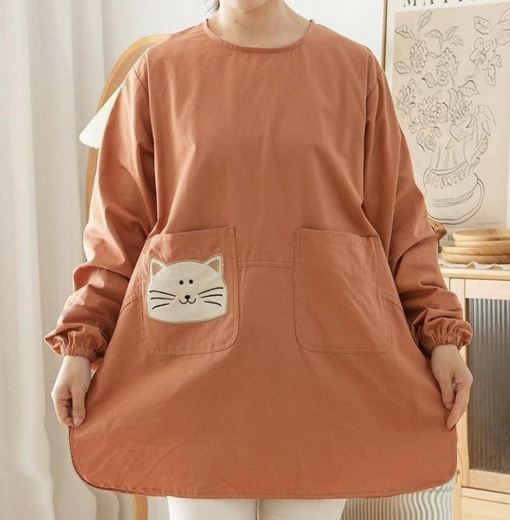 Kočičí zástěra s dlouhými zády Roztomilá kuchyňská Dlouhá kuchyňská halena pro školku Roztomilá kočka Kuchyň Přírodní zboží Y&Y&Y Kapsa, Rukávy, Oranžová, Stuha, Nošení,