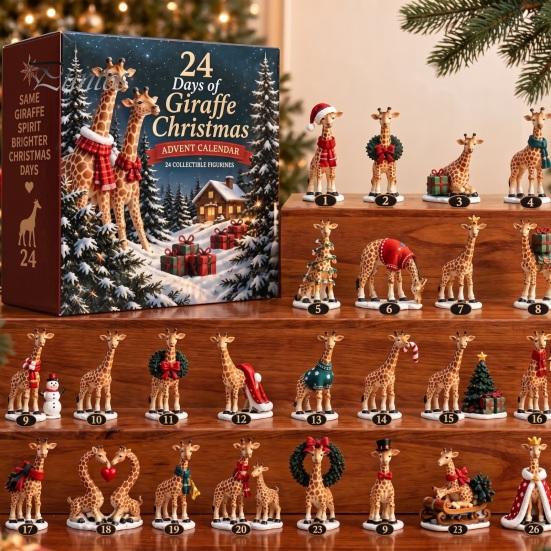 Christmas Gift for Kids Adults Giraffe Advent Calendar, 24Pcs Acrylic Ornament Set with Santa Hat Decorative Collection Wreath Designs, Holiday