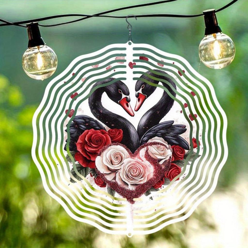 Dynamic Metal Windmill Wind Chime with 2D Mandala Rose and Black Swan Pattern Durable Outdoor Garden Art Sculpture Hanging Decor
