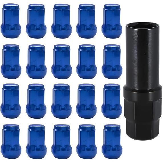 Car Wheel Lug Nuts, 20PCS Chrome Aftermarket Closed End Duplex 6 Spline Lugnut with 1 Key, Fuel Rim Lug Nut Lock Removal Socket Replacement Tool,