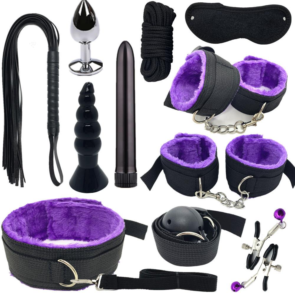 Sexy Nylon BDSM Kit Plush Sex Bondage Set Handcuffs Sex Game Whip Gag Nipple Clip Sex Toy