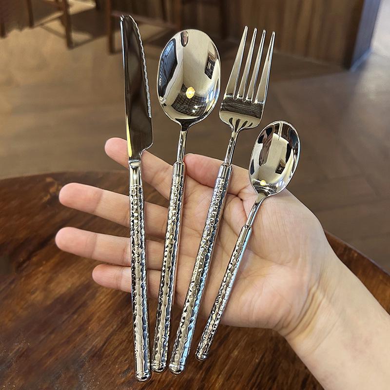 304 Stainless Steel Hammered Handle Cutlery Set: Diamond Pattern Knife, Fork, Spoon
