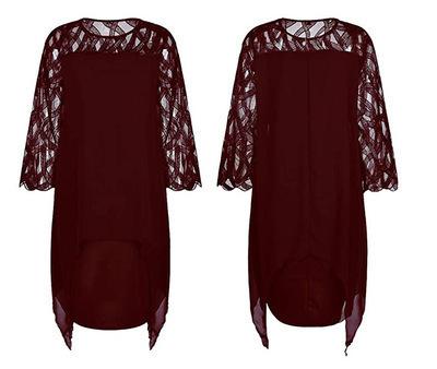 European and American Lace Splicing Seven-quarter Sleeves Irregular Hem Chiffon Dress, Spot