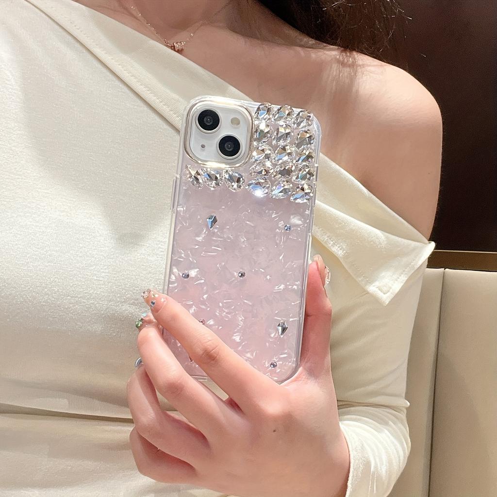 Pink Shell Pattern Handmade Appliqué Diamond Phone Case for iPhone 16 15 14 13 12 11 Pro Max