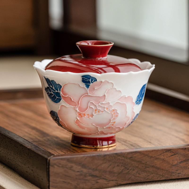 Hand-painted Relief Gold Peony Flower Lid Bowl Tea Cup Single High-end Kung Fu Tea Set Ceramic Tea Bowl with Lid