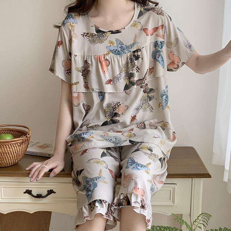 1011 New anti-bump cotton and silk pajamas women's summer ultra-thin short-sleeved trousers cotton and silk set large-size loungewear