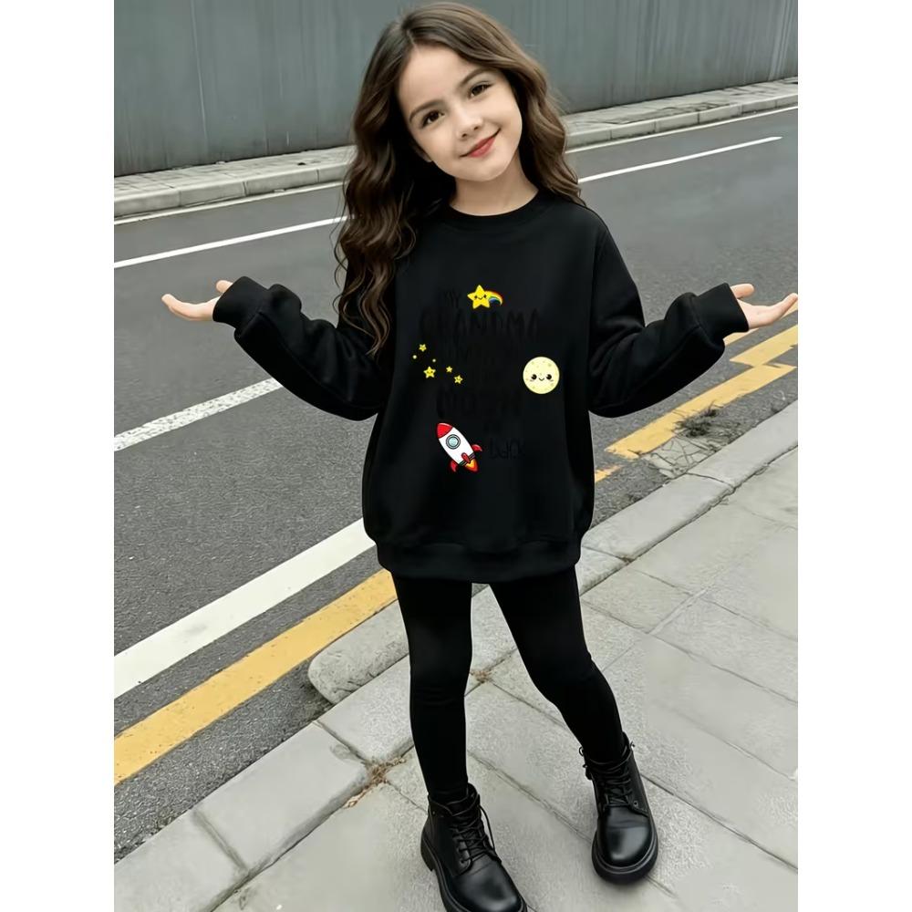 Girls' Dot & Rocket Print Casual Comfortable Soft Loose Pullover Sweatshirt and Leggings 2-Piece Set, New Autumn/Winter, Playful, Sweet and Cool Style