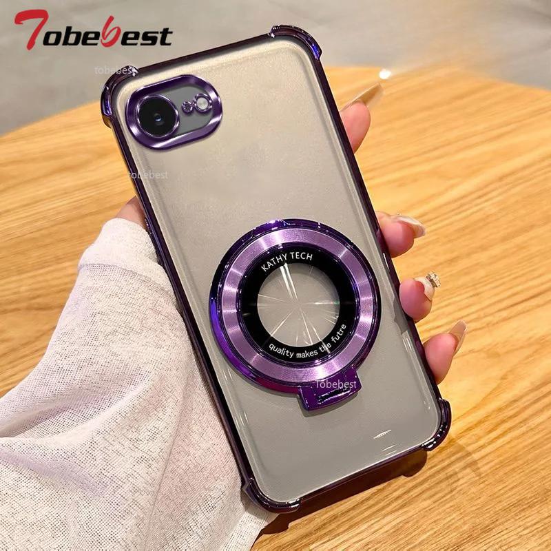 Clear Shockproof Plating Case For Iphone 16E 2025 16 15 14 13 12 11 Pro Max Fundas For Magsafe Magnetic Stand Holder Cover