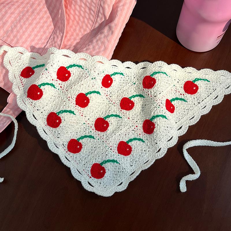 Sweet Cute Strawberry Cherry Handmade Crochet Hollow Triangle Headband Towel Women Spring Summer Travel Photo Hair Scarf