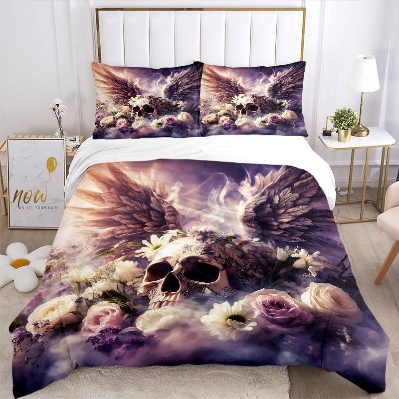 3pcs Angel Skull Printed Bedding Set, Soft and Comfortable Quilt Cover for Bedroom, Guest Room (1 Duvet Cover + 2 Pillowcases, Pillow Core N