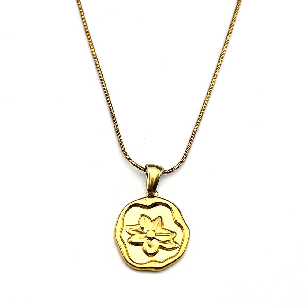 Irregular Wax Seal Flower Pendant Necklace For Women Girls Embossed Floral Stainless Steel Snake Chain Jewelry Minimalist Gift
