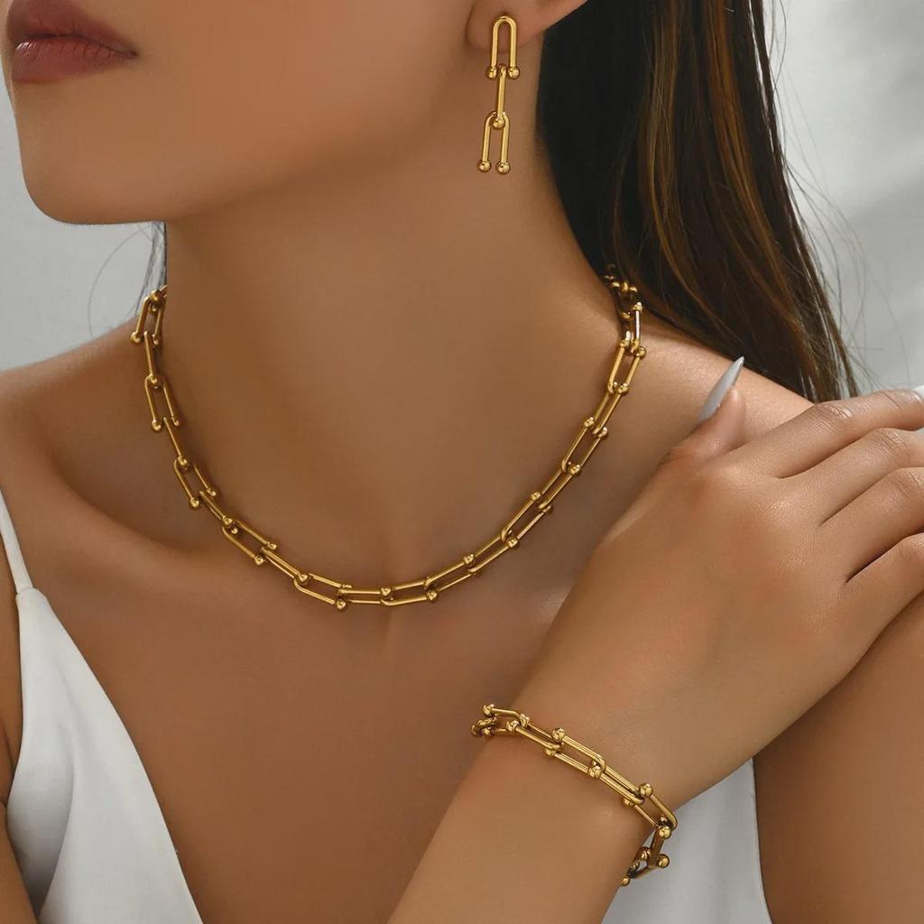 European and American Style Jewelry Set: U-Shaped Horseshoe Necklace, Earrings, Bracelet