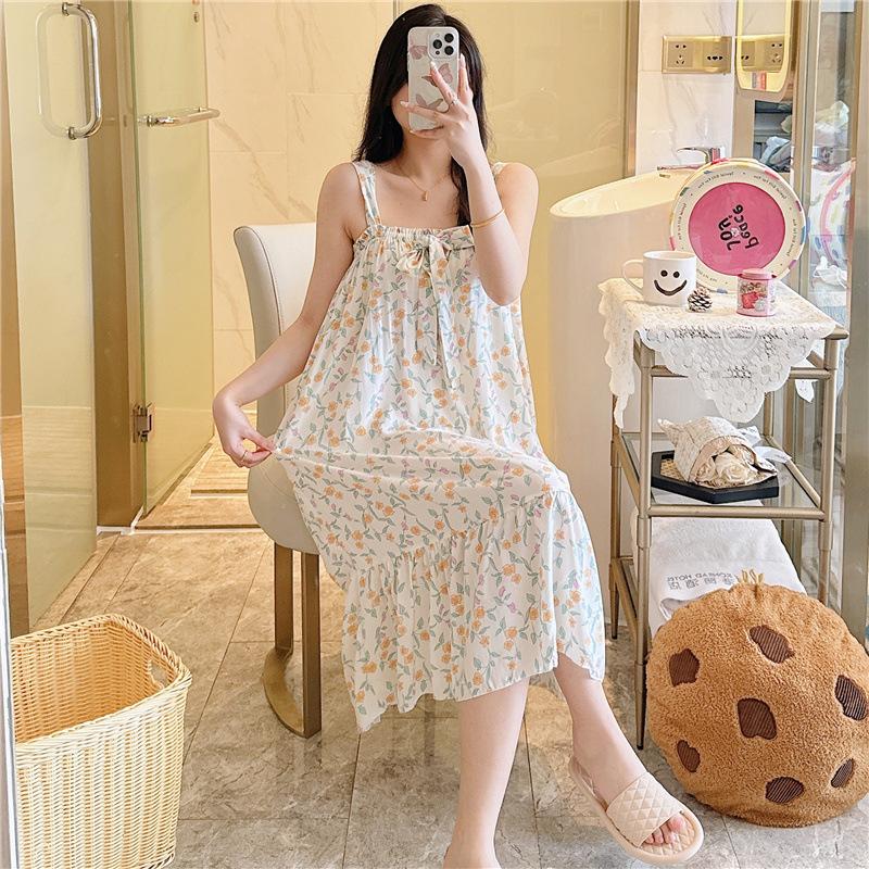 Cotton Nightdress Women'S Summer Thin Pajamasspring And Autumn Cotton Korean Cute Casual Print Dress Loungewear