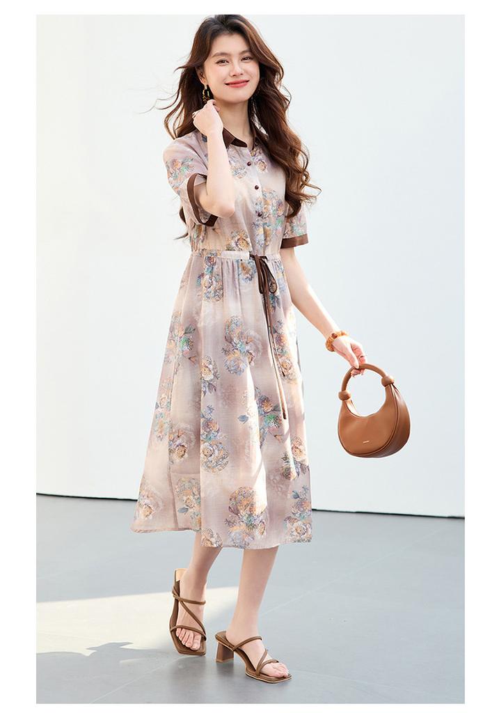 26 year new summer shirt collar with Chinese style high-end feeling, short sleeved skirt, waist cinching versatile mid length skirt, dress