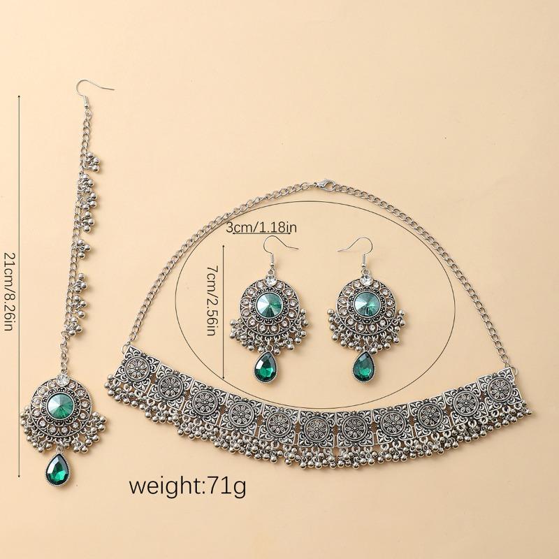 Diamond-encrusted Round Tassel Earrings NecklaceHair ChainThree-piece Set Retro Forehead Chain