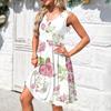 Women's Casual Fashion Sexy V-neck Button Decoration Sleeveless Beach Printed Boutonniere Dress