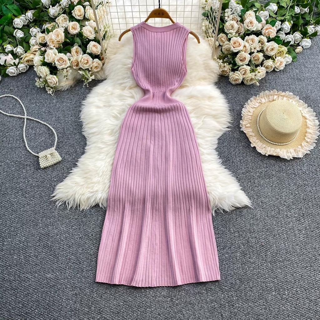 New Summer Solid Round Neck Sleeveless Sweater Knitted Dress for Women Casual Simple Single-breasted Elastic Bottoming Knitwear Dresses