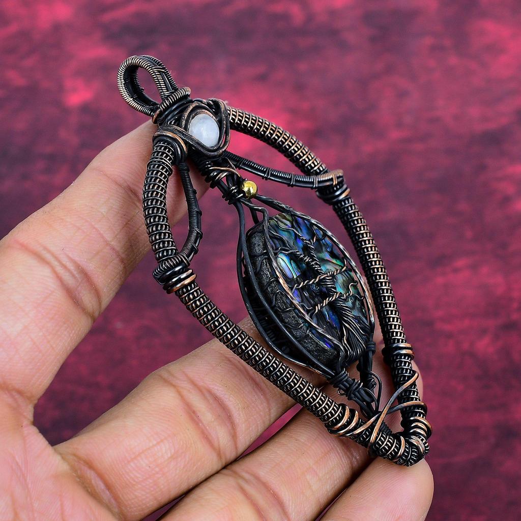 Tree Of Life Abalone Shell Pendant Copper Wire Wrapped Gemstone Jewelry Moonstone Rainbow Pendant