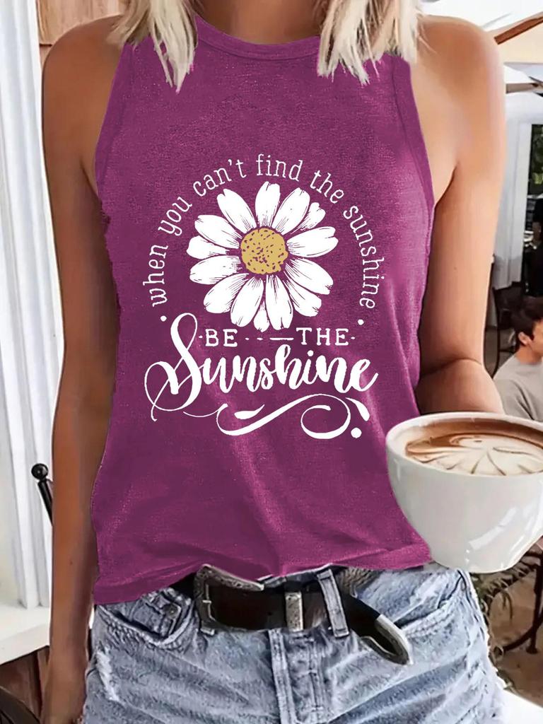 Floral Print Sleeveless Round Neck Women's T-Shirt Pullover Vest for Spring/Summer