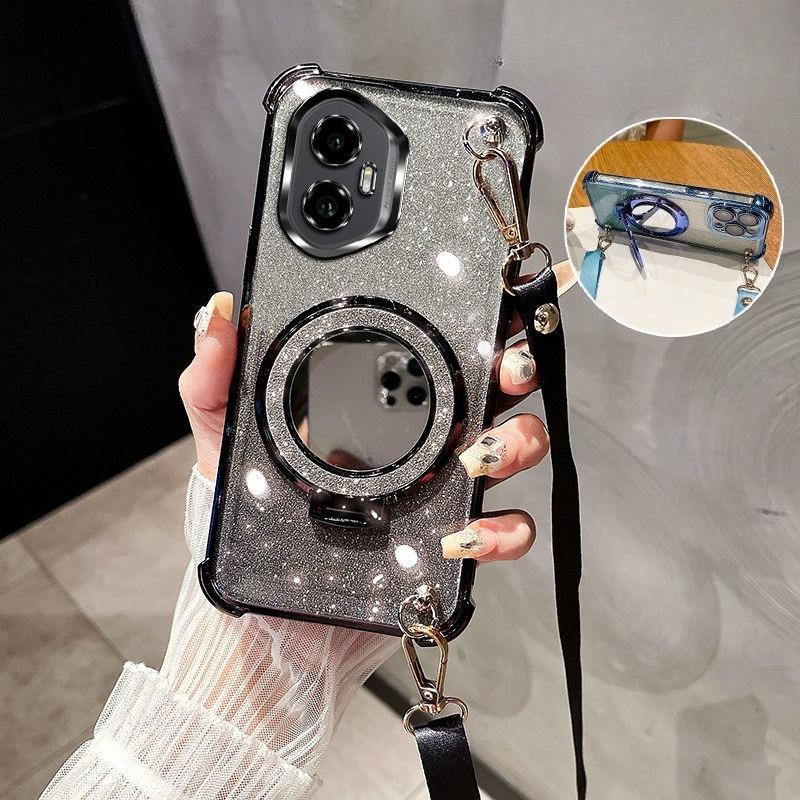 Crossbody Lanyard Shockproof Glitter Plating mirror Magsafe Holder Case For Huawei Honor 300 200 100 90 Lite 80 70 60 Pro Cover
